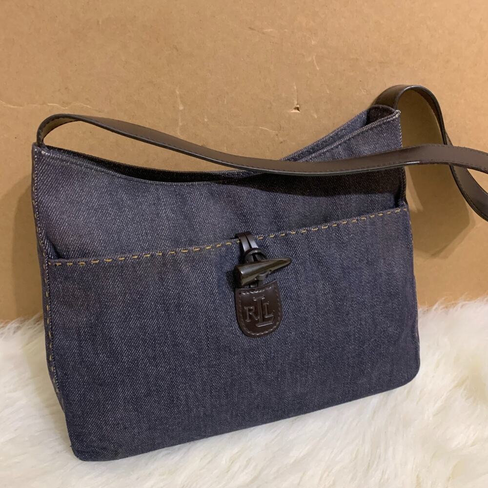 RALPH LAUREN Blue Denim Y2K Vintage Shoulder Bag Slim Hobo Contrast Stitching